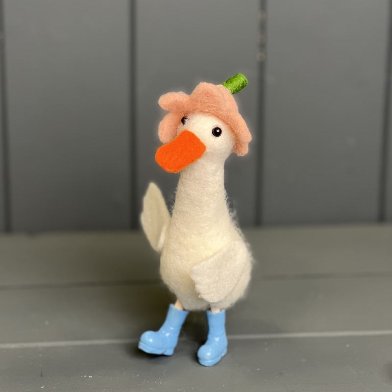 Felt Duck with Blue Wellies and Flower Hat detail page